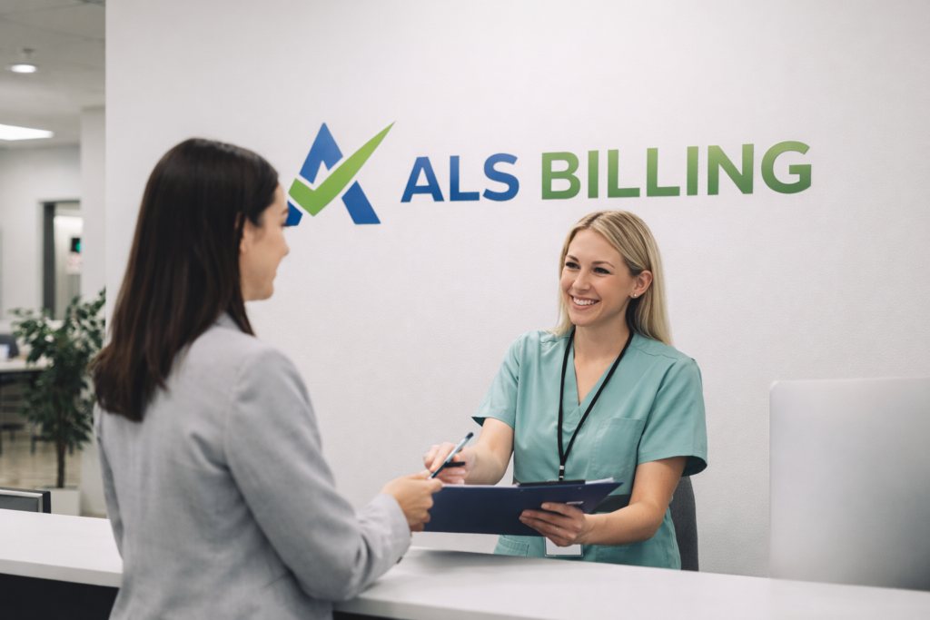 Friendly ALS Billing receptionist assisting a patient during check-in at a professional medical office front desk.