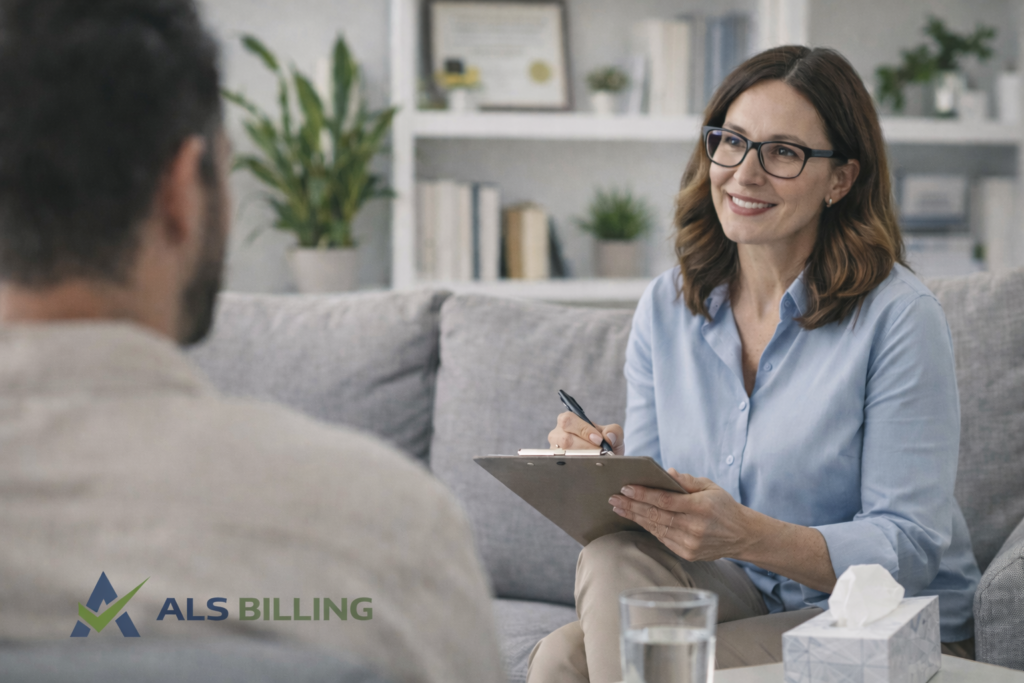 Licensed mental health professional in a counseling session, reflecting the relief and focus made possible by reliable billing services from ALS Billing.