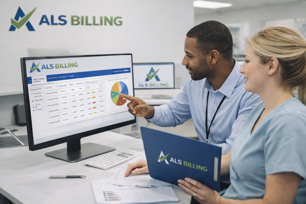 ALS Billing team analyzing medical billing and claims data in a professional office environment.